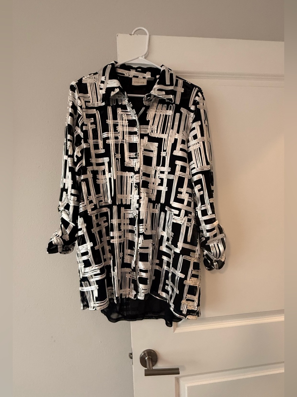 Chico's Black and White Geometric Long-Sleeve Shirt Dress